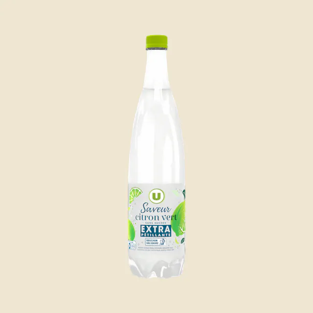 Boisson à base d'eau gazeuse extra pétillant saveur citron vert zéro sucre , bouteille de 1l