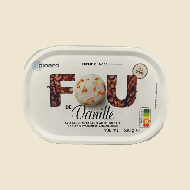Glace fou de vanille sauce caramel et éclats d'amandes