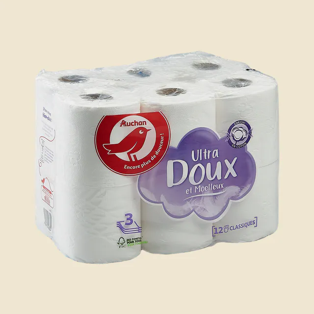 Papier toilette blanc, 3plis, enrichi en coton
