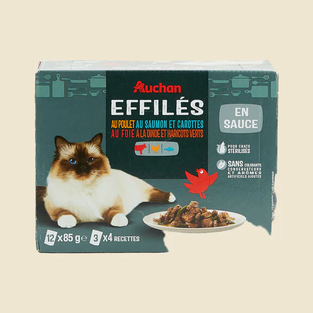 Efillés en sauce au poulet, au saumon et carottes, au foie à la dinde et haricots verts