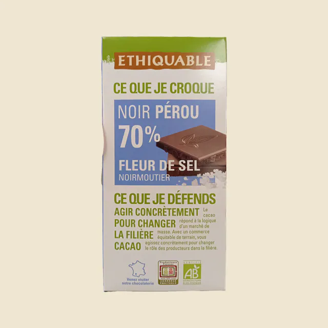 chocolat bio noir Pérou 70% fleur de sel de Camargue