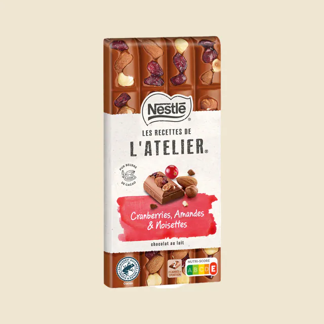 NESTLE L'ATELIER Tablette Chocolat lait cranberries amandes - 170g