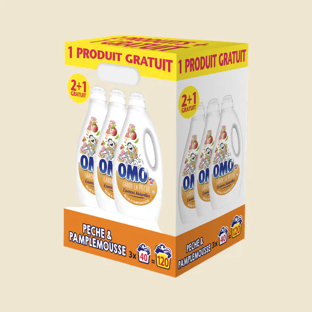 Omo Lessive Liquide Pêche & Pamplemousse x120 lavages- LOT 2+1