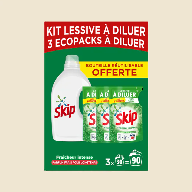 SKIP Lessive Liquide à Diluer Fraîcheur Intense Lot 3x500ml - 90 Lavages