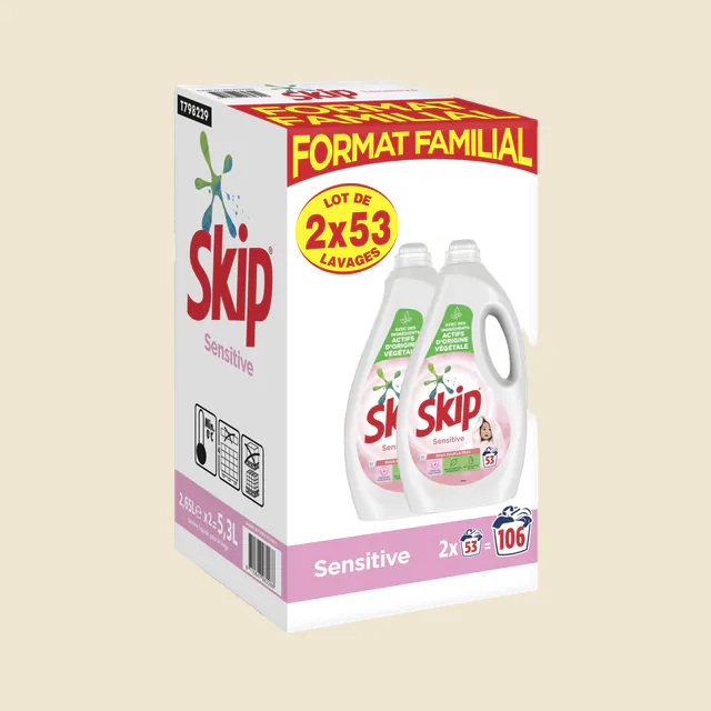 Skip Lessive Liquide Sensitive Peaux Sensibles & Bébés Lot 2x2,65l - 106 Lavages
